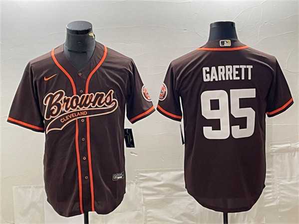 Mens Cleveland Browns #95 Myles Garrett Brown With Patch Cool Base Stitched Baseball Jersey